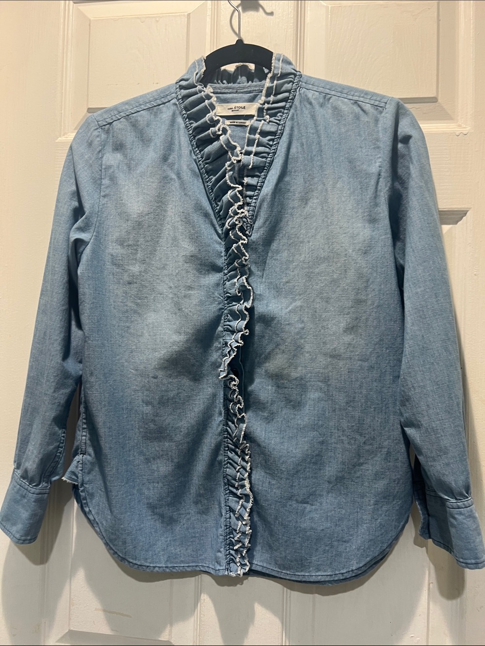 Isabel Etoile Marant-Ruffle-Trim Light Blue Chambray Button-Down Shirt